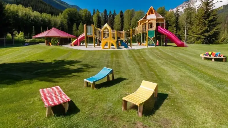 Un colorido parque infantil en los Alpes, lleno de risas y juegos, rodeado de naturaleza y montañas