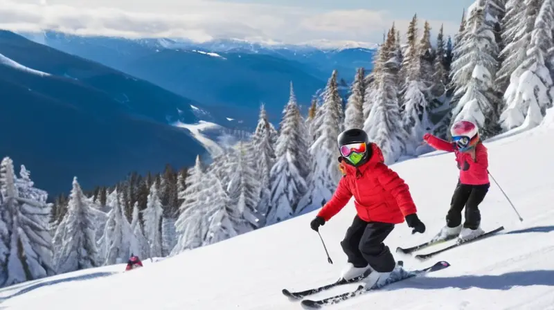 Un día perfecto de invierno con familias esquiando en laderas nevadas, risas de niños y paisajes vibrantes