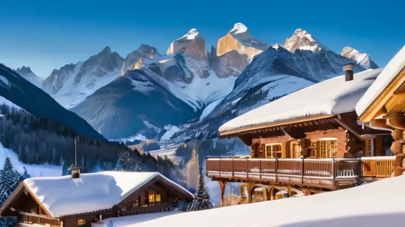 Un encantador pueblo alpino cubierto de nieve, con chalets de madera, luces cálidas, montañas majestuosas y un ambiente acogedor