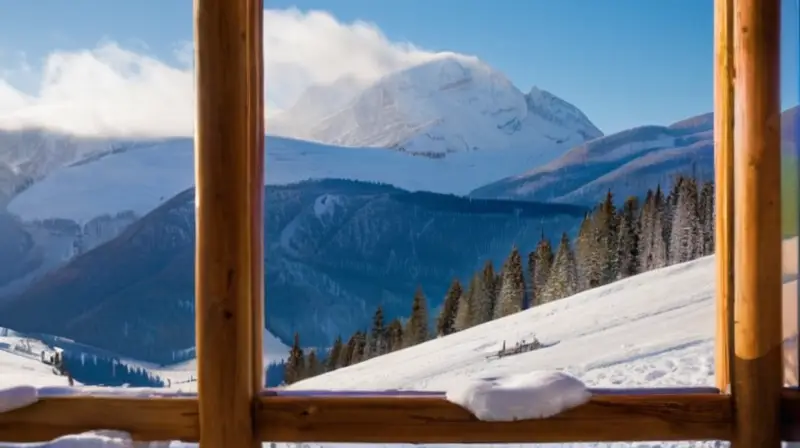 Un paisaje invernal con montañas nevadas, chalets acogedores, esquiadores en acción y un cielo azul vibrante