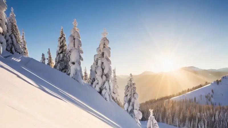 Un paisaje invernal con montañas nevadas, esquiadores en acción y un juego de luces y sombras