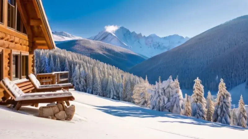 Un paisaje invernal sereno con esquiadores en colorido equipo, montañas cubiertas de nieve y un acogedor refugio de madera