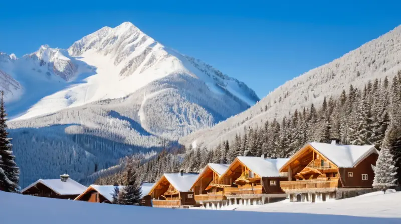 Un paisaje invernal con montañas nevadas, esquiadores coloridos y cabañas rústicas bajo un cielo azul