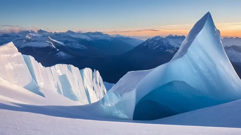 Un vasto paisaje helado con icebergs, montañas y un cielo que cambia de color, refleja la belleza y el cambio ambiental