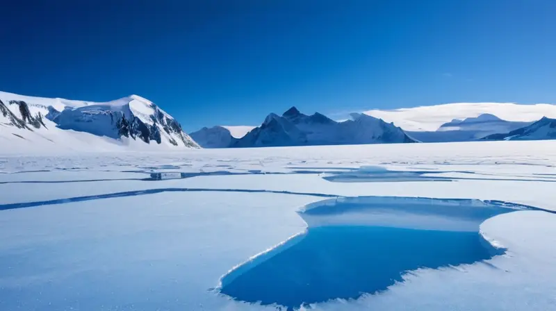 Un vasto y brillante paisaje antártico con hielo, sombras azules, montañas lejanas y una sensación de aislamiento y grandeza