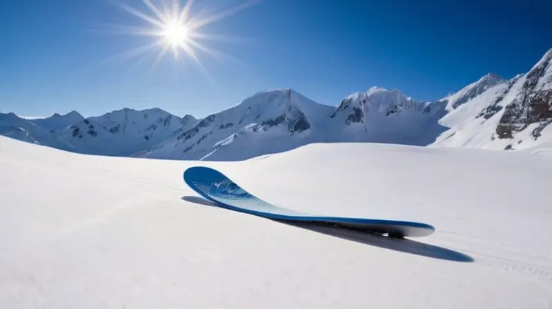 Una tabla de snowboard elegante descansa sobre la nieve, con gráficos vibrantes y un fondo de montañas nevadas bajo un cielo azul