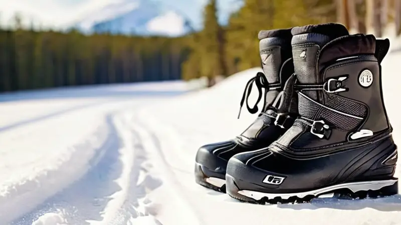 Un par de botas de esquí negras brillantes con detalles intrincados y un fondo nevado