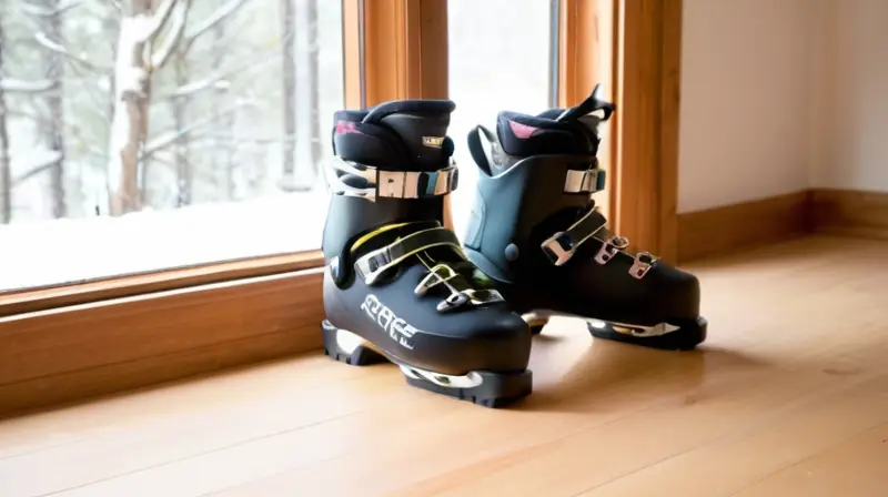 Un par de botas de esquí para hombres en negro mate y otro para mujeres en colores vibrantes, ambos con detalles elegantes, están sobre una superficie de madera en un ambiente invernal