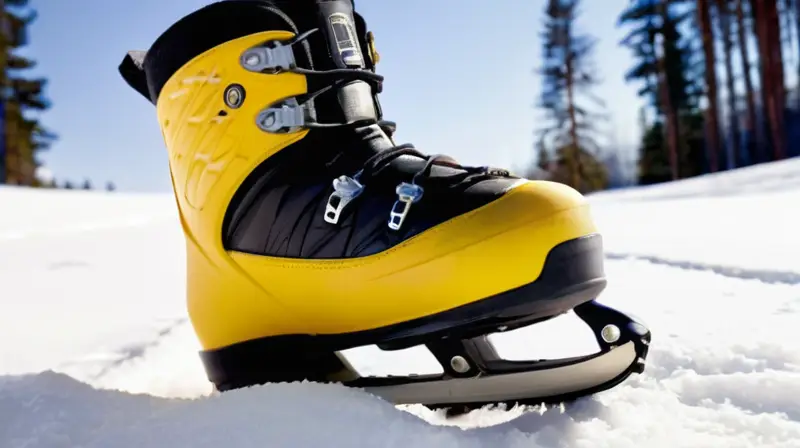 Un par de botas de esquí negras brillantes y detalladas descansa sobre la nieve, junto a una cinta métrica amarilla, en un ambiente invernal sereno