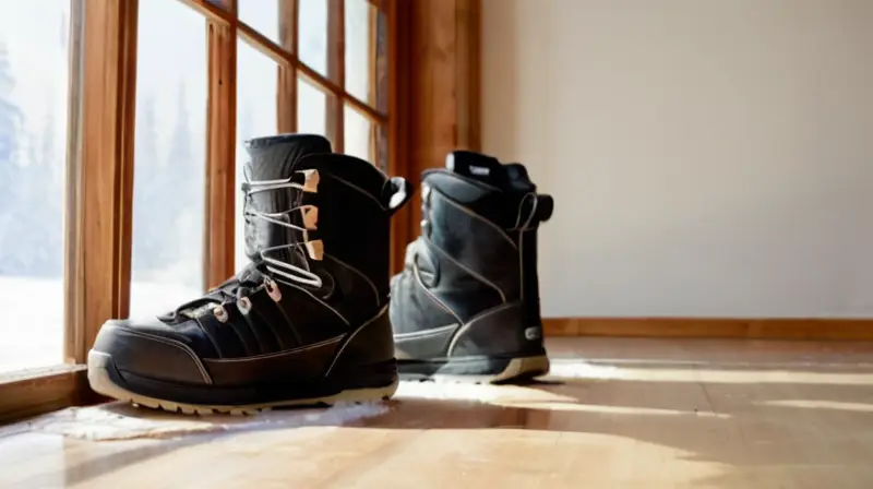 Unas botas de snowboard de cuero negro desgastadas, con detalles de costura y suela robusta, están iluminadas por la luz del sol y acompañadas de una cinta métrica sobre un fondo blanco