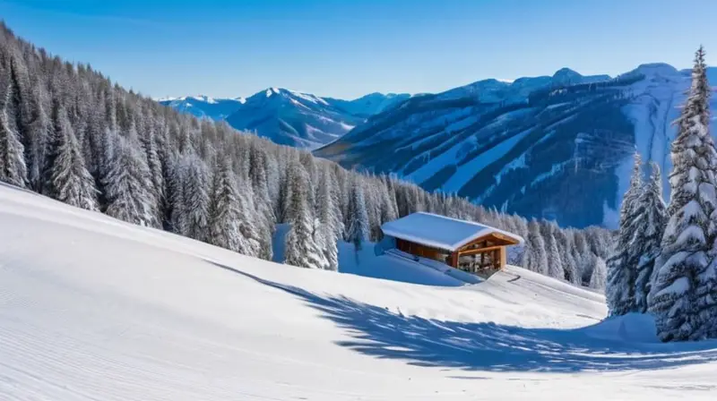 Un paisaje invernal con montañas nevadas, esquiadores coloridos y un acogedor refugio de madera bajo un cielo azul