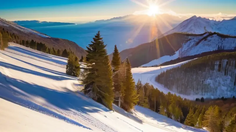 Un bullicioso resort de esquí con laderas nevadas, esquiadores coloridos, montañas volcánicas y un cielo azul brillante