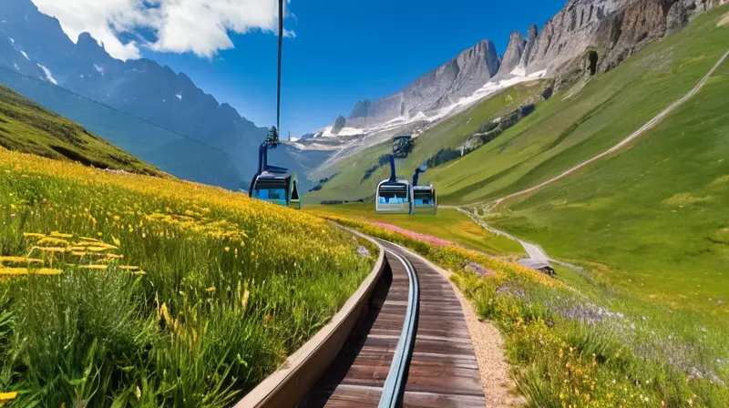 Un paisaje montañoso impresionante con picos nevados, praderas verdes, un teleférico moderno y un ambiente vibrante de aventura