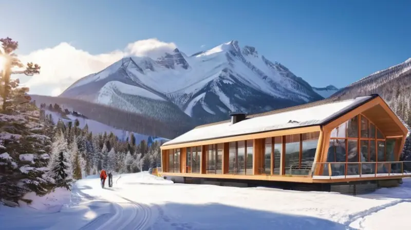 Un paisaje montañoso cubierto de nieve con telecabinas modernas, esquiadores y un ambiente vibrante de anticipación