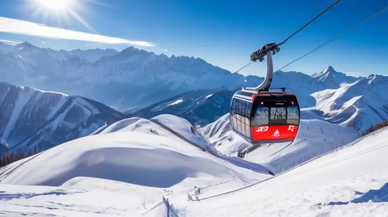 Un paisaje montañoso cubierto de nieve combina valles verdes, teleféricos modernos y esquiadores en un entorno natural vibrante