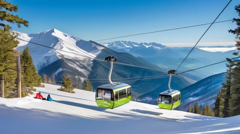 Un paisaje invernal de montañas nevadas, cielos azules, pinos verdes, esquiadores coloridos y modernas góndolas en un acogedor resort