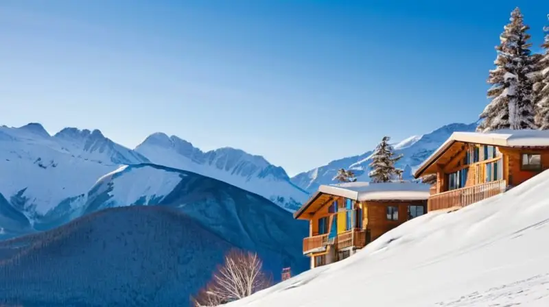 Un paisaje invernal vibrante con montañas nevadas, esquiadores en acción y telecabinas modernas