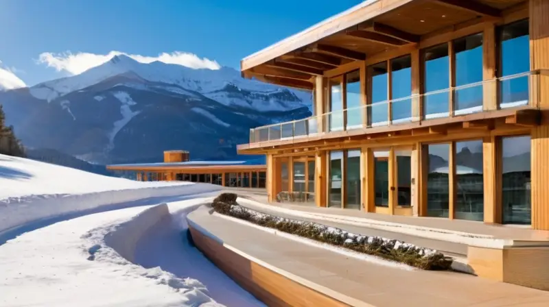 Edificio moderno con líneas elegantes, grandes ventanales, detalles en madera y piedra, rodeado de montañas nevadas y un ambiente acogedor