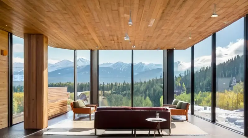 Estructura arquitectónica moderna con fachada de vidrio, amplios ventanales, detalles en madera y piedra, y un ambiente acogedor para relajarse y disfrutar de vistas a las montañas nevadas