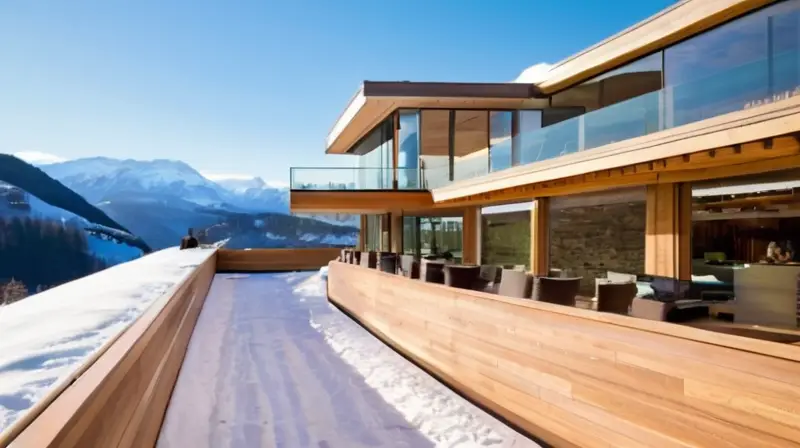 Estructura arquitectónica moderna con líneas elegantes, grandes ventanales, detalles en madera y piedra, rodeada de montañas nevadas y un cielo azul, que invita a disfrutar del espacio exterior