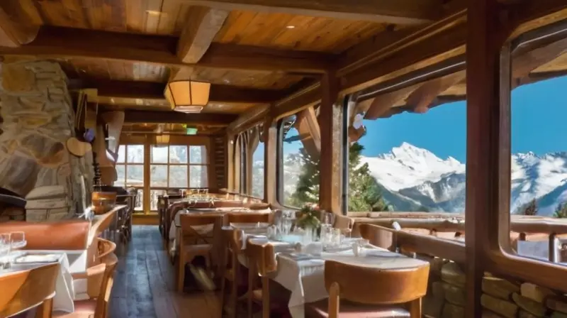 Un paisaje invernal sereno con montañas nevadas, un telecabina, esquiadores, un acogedor restaurante y un ambiente cálido