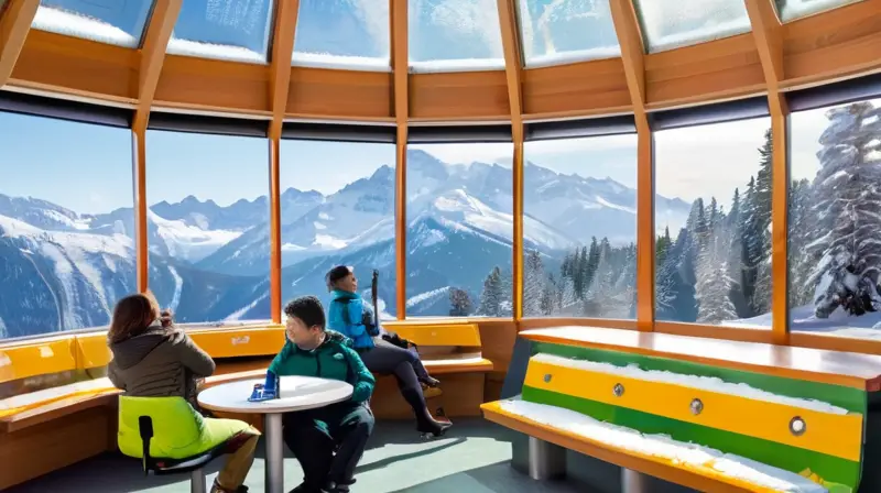 Un paisaje invernal con montañas nevadas, pinos verdes, una moderna estación de telecabina y esquiadores felices en un ambiente festivo