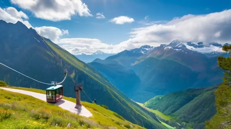 Un teleférico moderno se desliza suavemente entre montañas verdes y nevadas, rodeado de flores silvestres y un grupo de excursionistas, todo bajo un cielo azul y nubes esponjosas