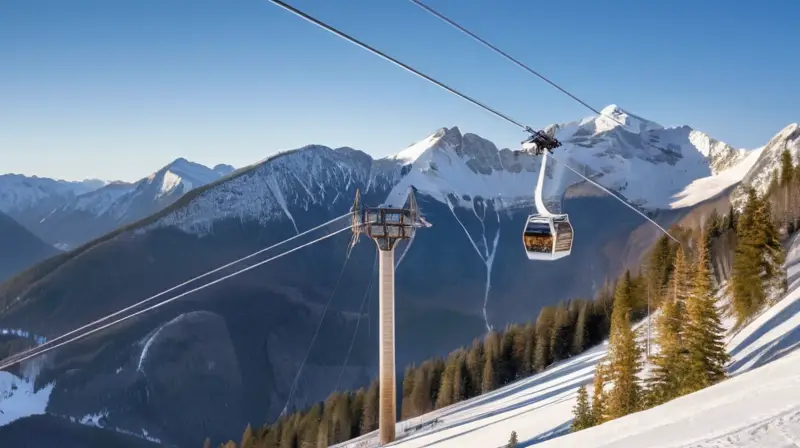 Un paisaje montañoso nevado con un teleférico moderno, esquiadores coloridos y una atmósfera serena