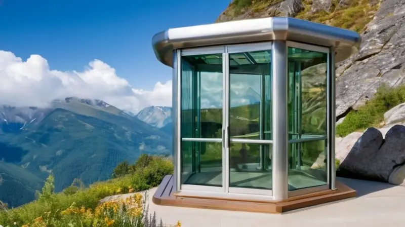 Un moderno ascensor de vidrio brilla frente a una montaña, rodeado de vegetación alpina y un cielo azul