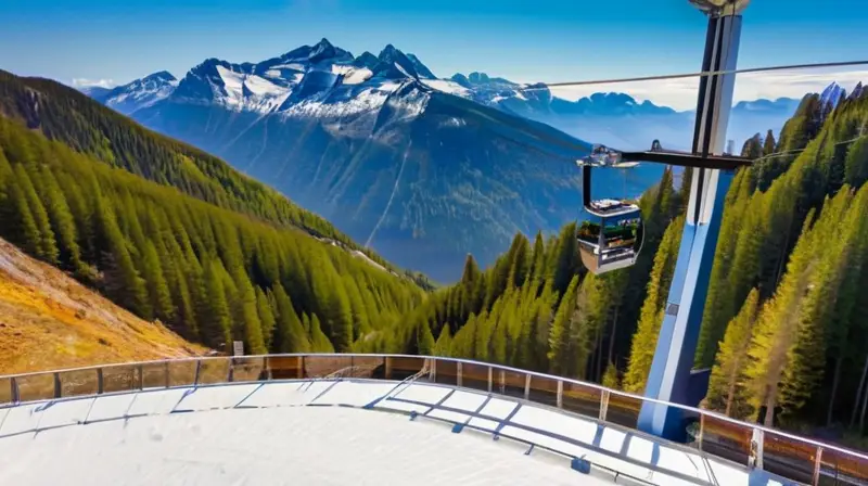 Un paisaje montañoso cubierto de nieve con prados verdes, un teleférico moderno y visitantes emocionados en un entorno sereno y vibrante