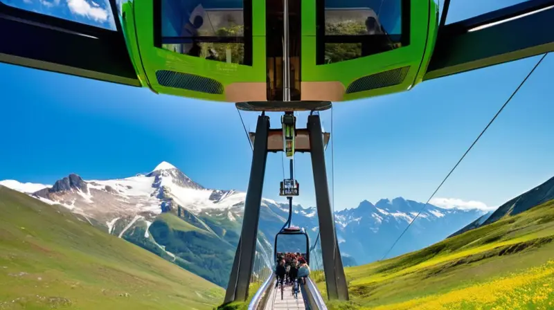 Un paisaje alpino con montañas nevadas, prados verdes, un teleférico moderno y turistas admirando la vista