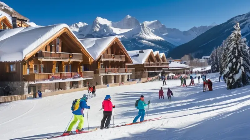 Un paisaje invernal vibrante con esquiadores, montañas, cabañas y una atmósfera festiva