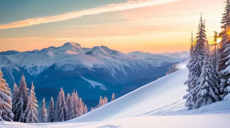 Un paisaje invernal con montañas nevadas, esquiadores vibrantes y cabañas acogedoras bajo un cielo azul