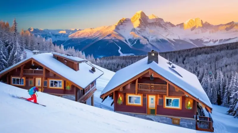 Escena invernal vibrante con montañas nevadas, esquiadores emocionados y un acogedor chalet