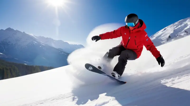 Terje Håkonsen realiza un salto en una montaña nevada bajo un cielo azul, luciendo un abrigo rojo y negro, mientras la nieve se dispersa a su alrededor