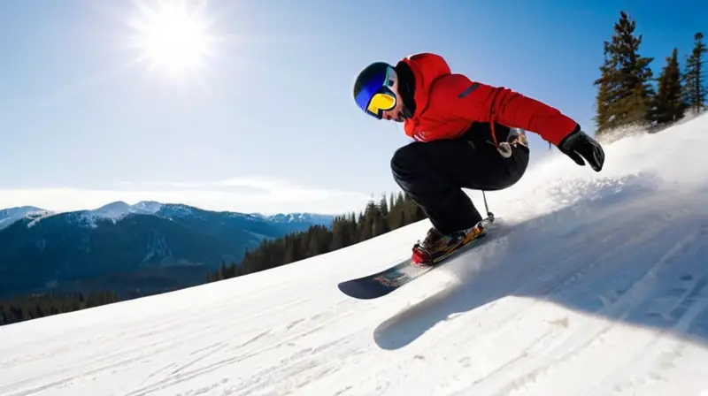 Un snowboarder en el aire, con equipo rojo y negro, destaca en un paisaje montañoso nevado bajo un cielo azul brillante