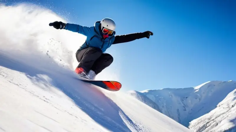 Terje Håkonsen realiza un salto en snowboard sobre un paisaje montañoso nevado bajo un cielo azul