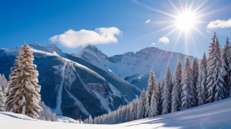 Un paisaje invernal vibrante con esquiadores enérgicos, nieve brillante, montañas majestuosas y la calidez de cabañas acogedoras