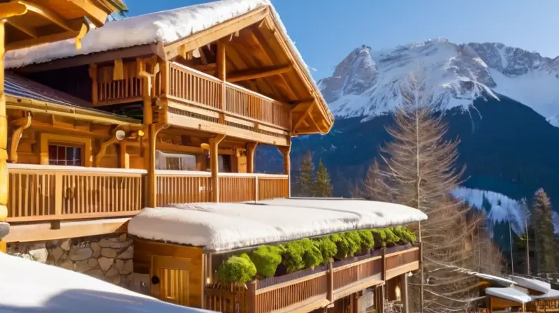 Un paisaje invernal con montañas nevadas, esquiadores vibrantes, cabañas rústicas y un ambiente de relajación y aventura