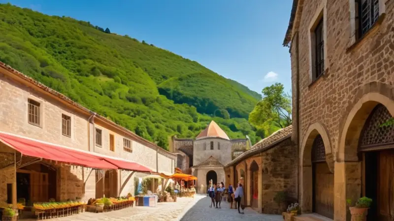 Un encantador paisaje urbano antiguo con edificios de piedra, calles empedradas, mercados vibrantes y una atmósfera acogedora