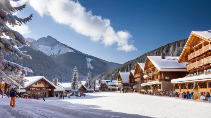 Un encantador paisaje invernal con montañas nevadas, esquiadores, cabañas acogedoras y un ambiente festivo