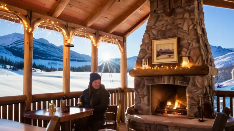 Un vibrante paisaje invernal con esquiadores, cabañas acogedoras, luces parpadeantes y un ambiente animado de après-ski