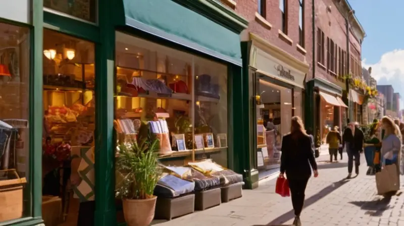 Escena vibrante de una calle soleada con compradores, tiendas coloridas y un ambiente animado