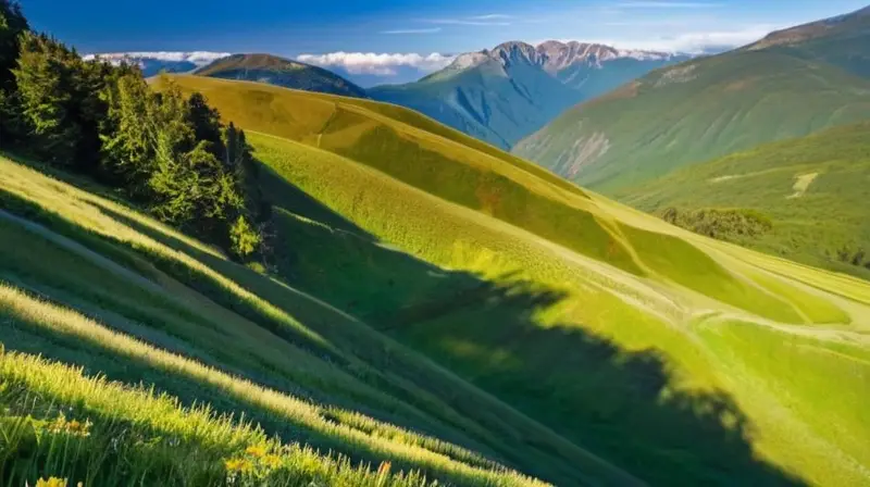 Un paisaje vibrante de montañas verdes y flores silvestres, donde niños juegan en un tobogán bajo un cielo azul