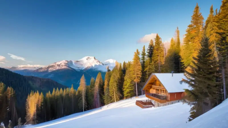 Un paisaje invernal vibrante con esquiadores en acción, montañas cubiertas de nieve y chalets acogedores