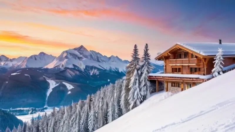 Un paisaje invernal con montañas nevadas, cielos azules, esquiadores coloridos y cabañas acogedoras