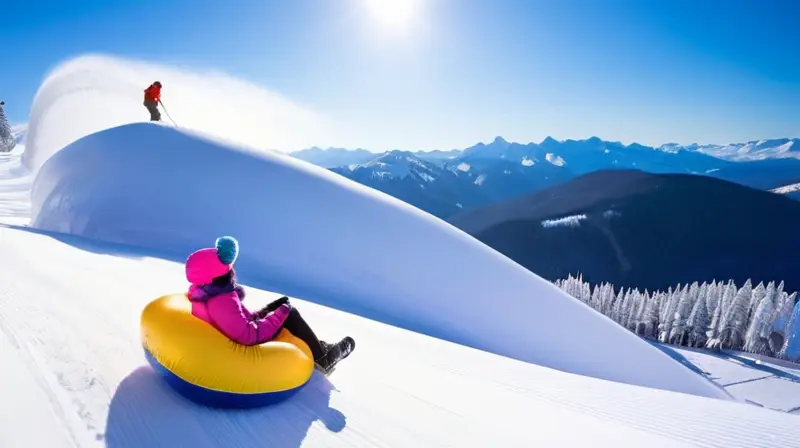 Un paisaje invernal vibrante con nieve, montañas, personas riendo y disfrutando de actividades en un ambiente alegre