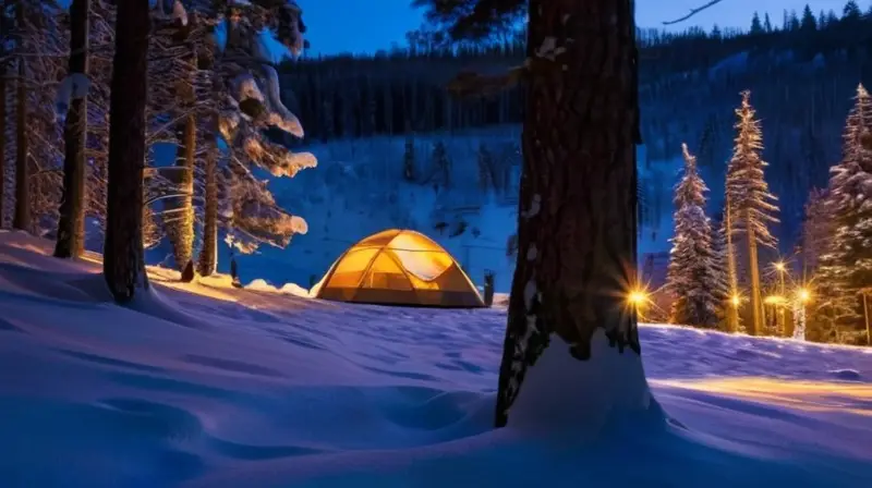 Un paisaje invernal iluminado por la luna, con nieve brillante, esquiadores enérgicos y un ambiente sereno lleno de aventura