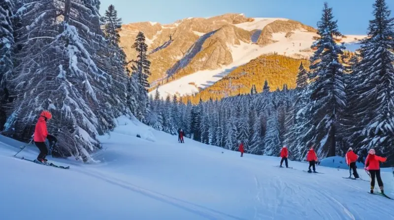 Un paisaje nevado en Andorra muestra niños emocionados esquiando en un día soleado, rodeados de pinos cubiertos de nieve y montañas a lo lejos