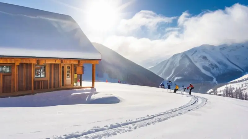 Un paisaje montañoso nevado con esquiadores vibrantes, un acogedor refugio de madera y un cielo azul claro, todo en un ambiente sereno y emocionante